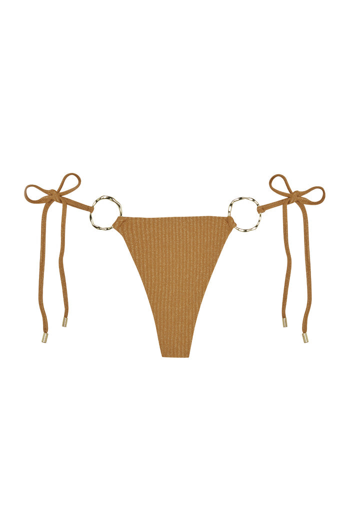 Front view of Cannes bottom in Gold Lurex Rib with ribbed shimmer fabric, adjustable side ties and gold ring on white