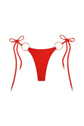 Front view of Cannes Bottom - Chili Pepper showcasing low-rise cut, adjustable side ties and gold ring details on white background