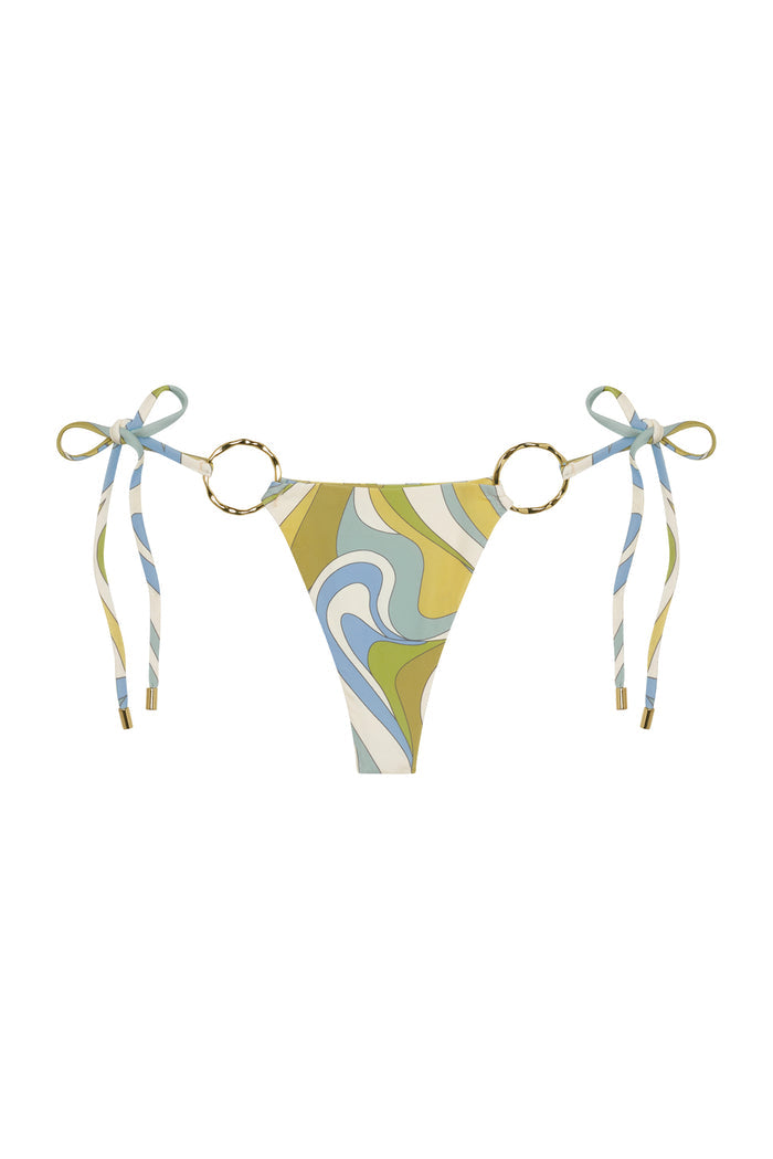 Front view of Cannes bottom in Costa Rei Apple print showcasing gold side rings and adjustable tie sides on a white background