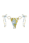 Front view of Cannes bottom in Costa Rei Apple print showcasing gold side rings and adjustable tie sides on a white background