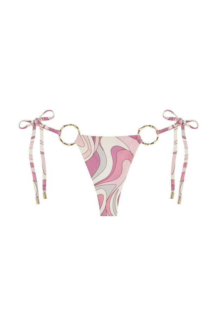 Front view of Cannes Bottom in Costa Rei Pink showing adjustable side ties and gold ring details on white background