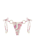 Front view of Cannes Bottom in Costa Rei Pink showing adjustable side ties and gold ring details on white background