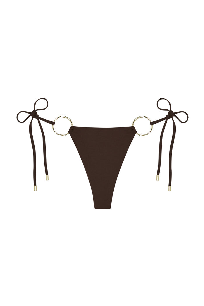 Front view of Cannes bottom in espresso showcasing tie sides with gold ring hardware on white background