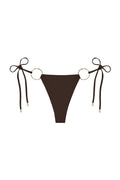 Front view of Cannes bottom in espresso showcasing tie sides with gold ring hardware on white background
