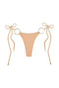 Front view of Cannes Bottom in peach micro-geo print showcasing adjustable side ties and gold ring hardware on white background