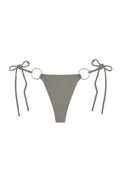 Front view of Cannes Bottom in Steel Lurex Rib showing high-cut, adjustable tie sides and gold ring hardware on white background