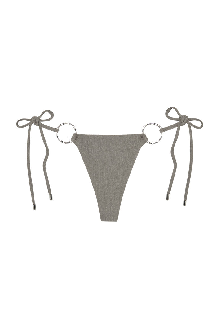 Front view of Cannes Bottom in Steel Lurex Rib showing high-cut, adjustable tie sides and gold ring hardware on white background