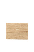 Angled flat lay of Cannes Clutch showing straw raffia, fold-over flap with gold logo plaque and zipper on white background