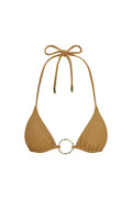 Front view of Cannes Top in Antique Gold Lurex Rib, triangle bikini with gold center ring and halter neck ties on white background