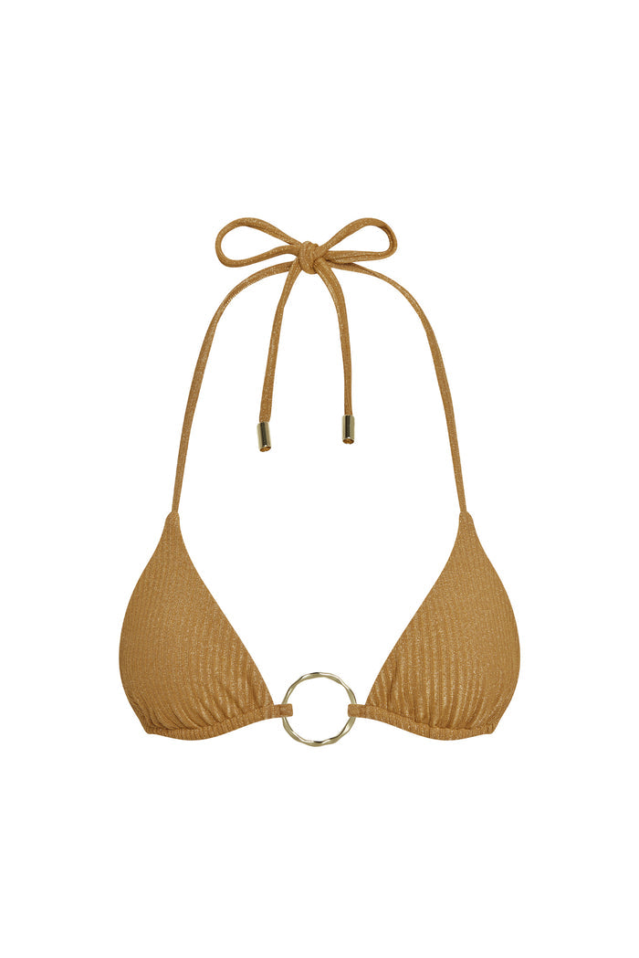 Front view of Cannes Top in Antique Gold Lurex Rib, triangle bikini with gold center ring and halter neck ties on white background
