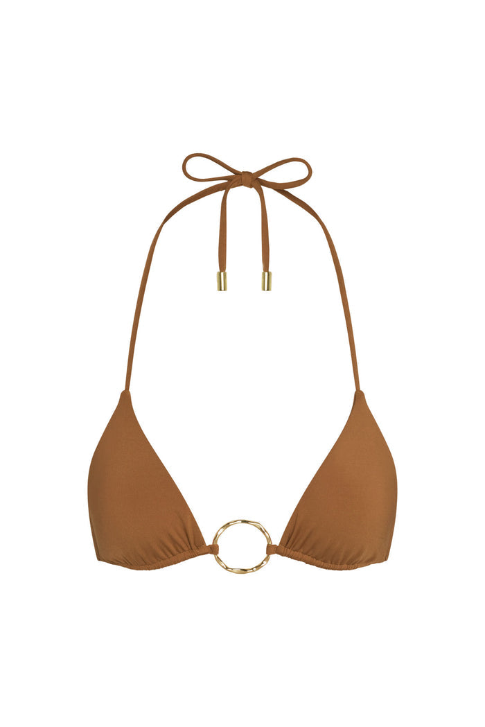 Front view of Cannes Top in caramel showing triangle cups, halter tie with gold metal tips and decorative gold center ring on white background