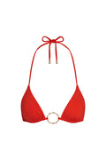 Front view of Cannes Top in Chili Pepper showing triangle cups, halter neck tie, and central gold ring on white background