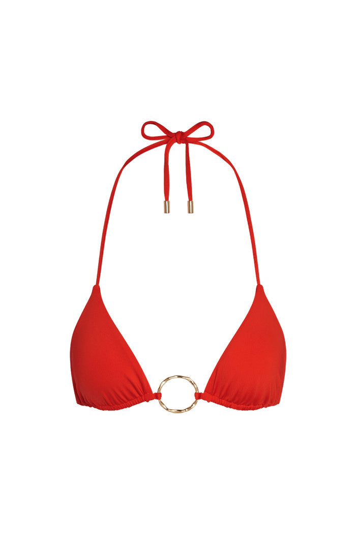 Front view of Cannes Top in Chili Pepper showing triangle cups, halter neck tie, and central gold ring on white background