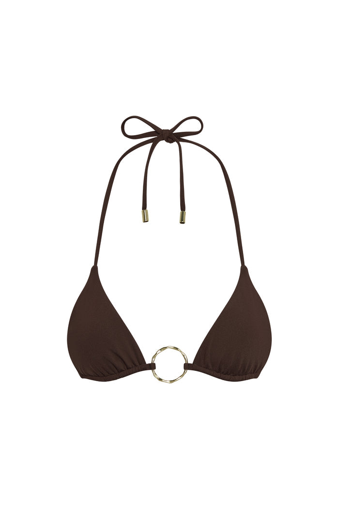 Front view of Cannes Top in espresso showing triangle cups, gold center ring and adjustable halter and back ties on white background