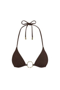 Front view of Cannes Top in espresso showing triangle cups, gold center ring and adjustable halter and back ties on white background
