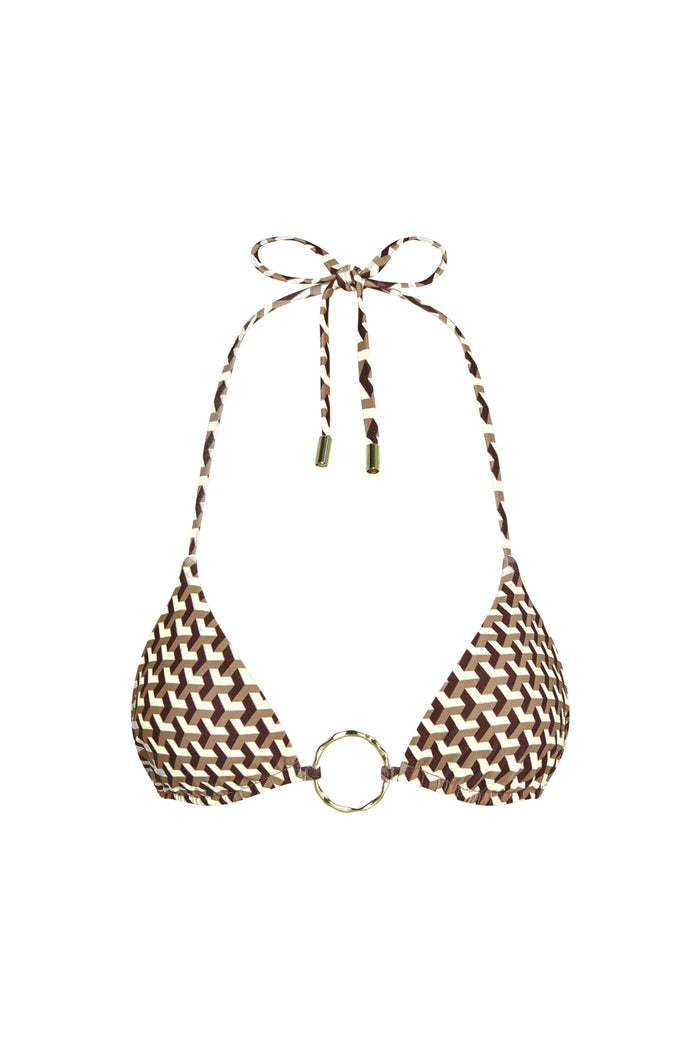 Three-quarter front of Cannes Top in Husk Geo showcasing triangle cups, gold center ring and adjustable ties on white background