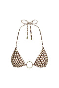 Three-quarter front of Cannes Top in Husk Geo showcasing triangle cups, gold center ring and adjustable ties on white background