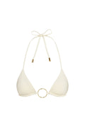 Front of Cannes top in ivory with triangle cups, gold center ring and halter neck ties with gold tips on white background