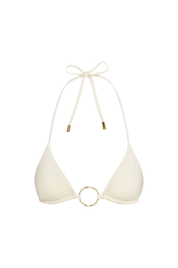 Front of Cannes top in ivory with triangle cups, gold center ring and halter neck ties with gold tips on white background