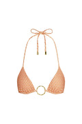 Front view of Cannes Top in Micro Geo print, triangle bikini with halter ties and gold center ring on white background
