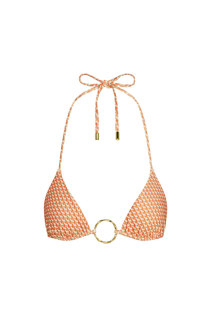 Front view of Cannes Top in Micro Geo print, triangle bikini with halter ties and gold center ring on white background