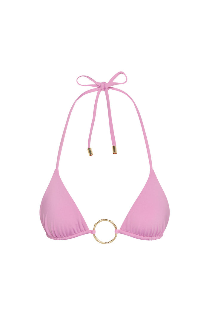 Front view of Cannes Top in Moonlight showing triangle cups, removable cups, adjustable halter tie and gold center ring on white background