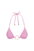 Front view of Cannes Top in Moonlight showing triangle cups, removable cups, adjustable halter tie and gold center ring on white background