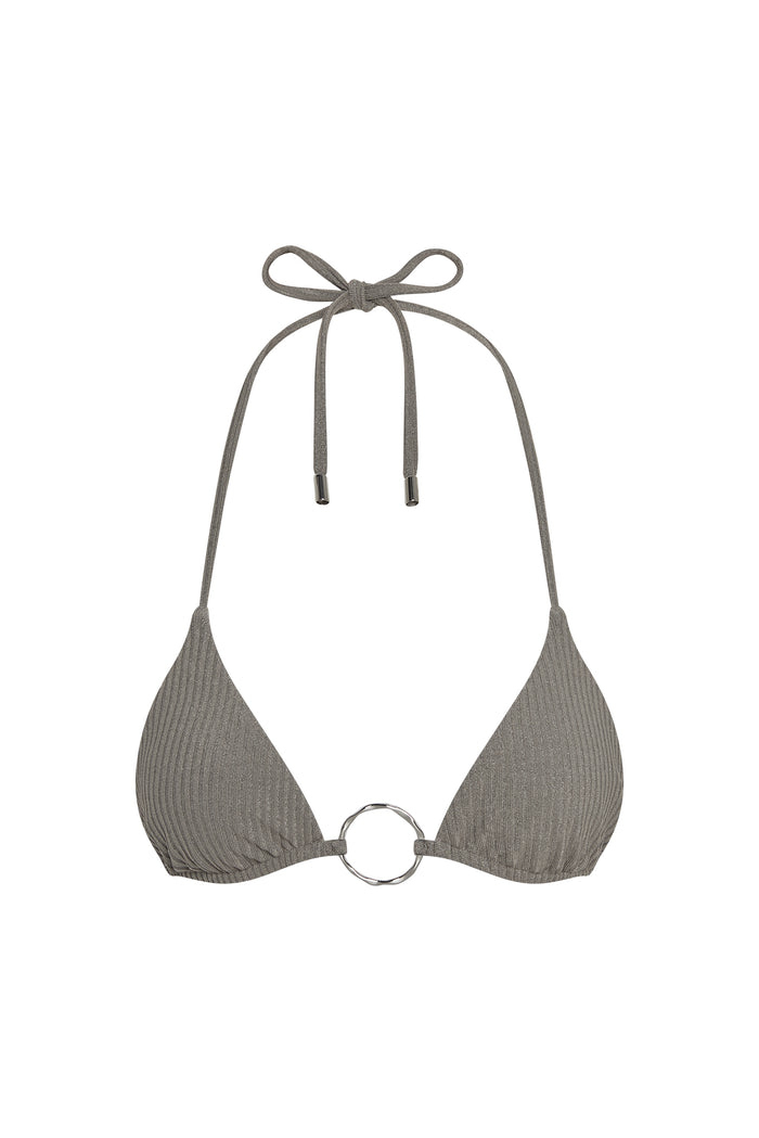 Front view of Cannes Top in Steel Lurex Rib showing ribbed lurex fabric, halter neck tie and silver center ring on white background
