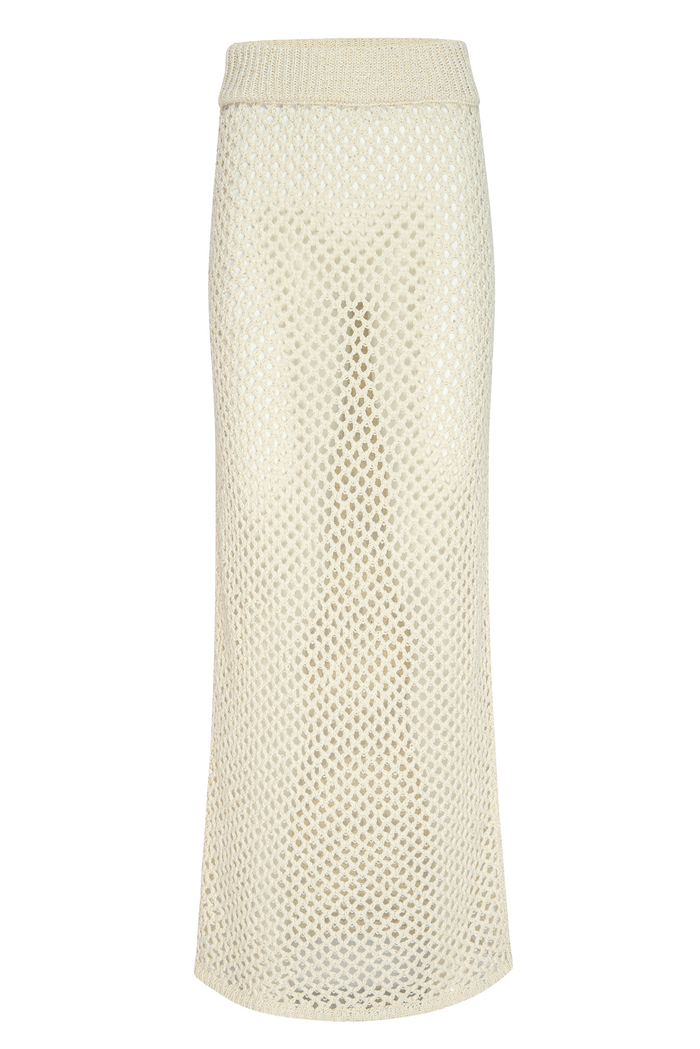 Cream open-knit maxi skirt with elastic ribbed waistband, straight silhouette and mesh diamond pattern.