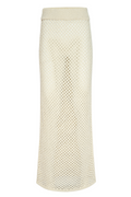 Cream open-knit maxi skirt with elastic ribbed waistband, straight silhouette and mesh diamond pattern.