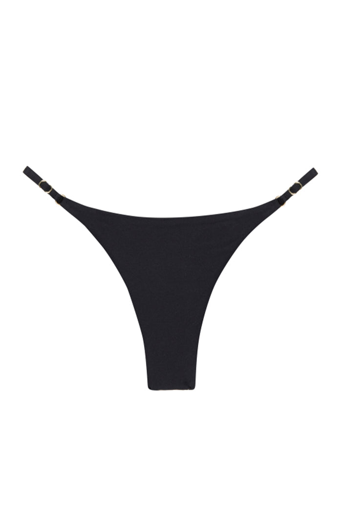 Black bikini thong bottom with adjustable gold side rings