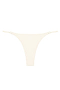 Front view of Capri Bottom in ivory showing thong cut, high-leg silhouette, adjustable side straps and gold rings on white