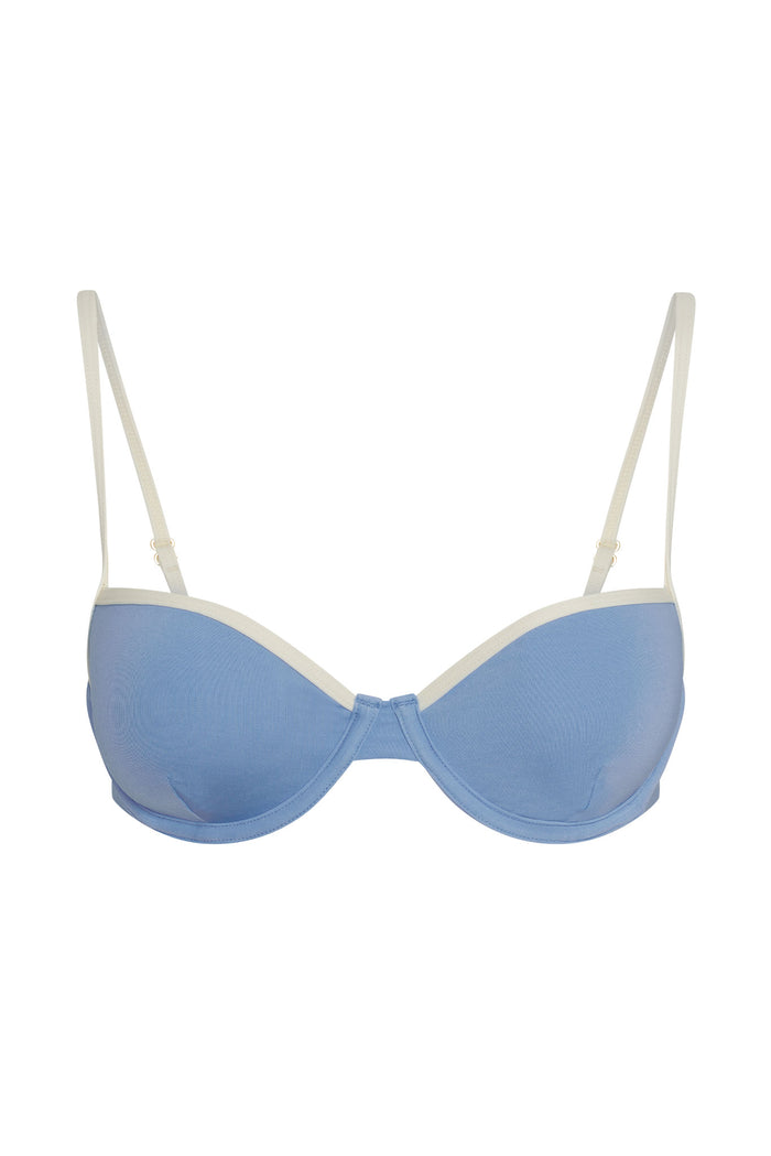 Front view of Capri Color Block Top in azure and ivory showcasing underwire cups and adjustable straps on white background