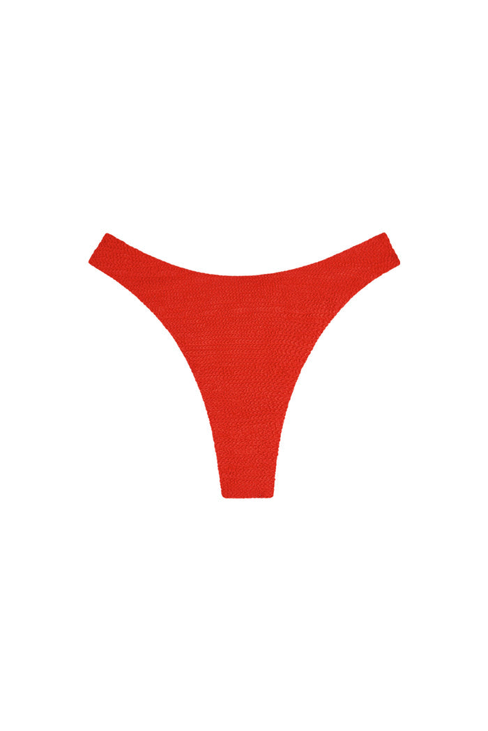 Front of Capri Thong in Chili Pepper Crinkle showing high-waist, high-cut thong with textured crinkle fabric on white background