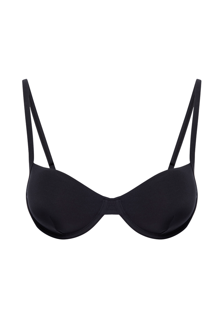 Front view of Capri Top swim top in black showcasing underwire molded cups and thin adjustable straps on a white background