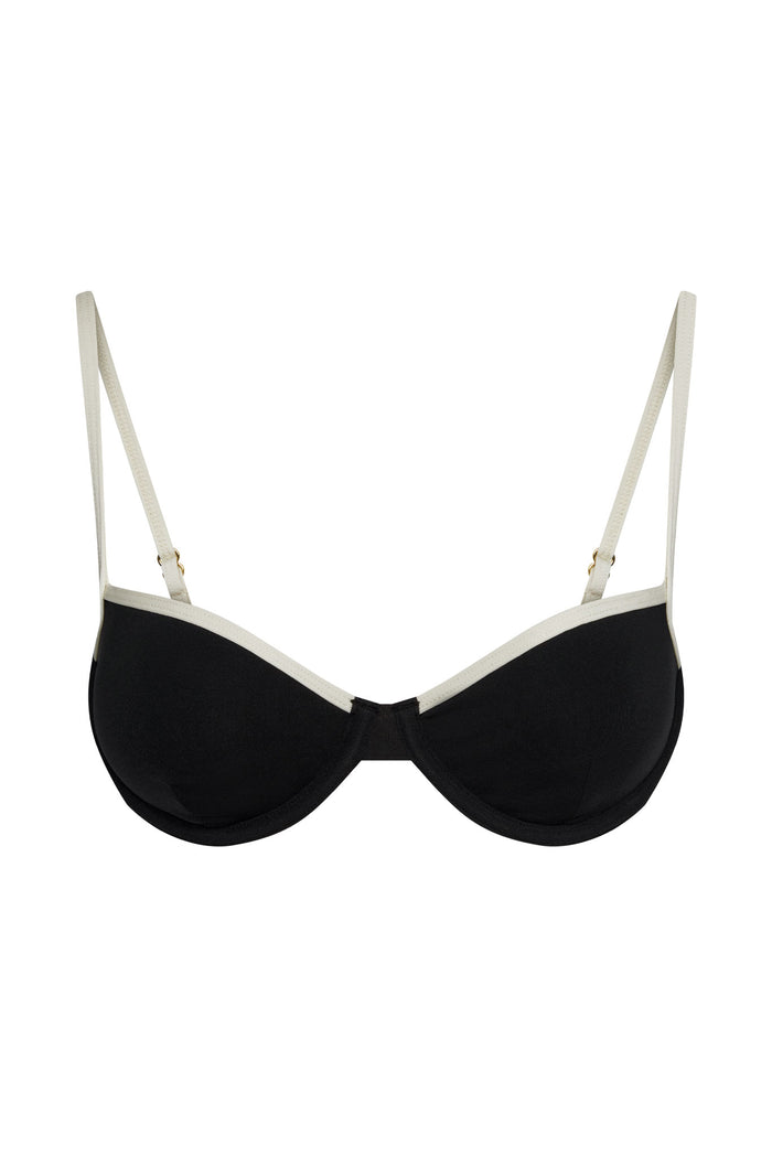 Front close-up of Capri Top in Black/Ivory showcasing underwire molded cups, ivory contrast trim and adjustable straps on white background
