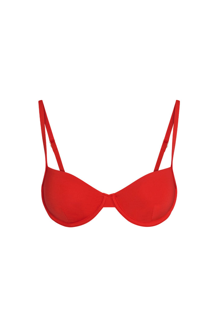 Front view of Capri Top in Chili Pepper showcasing underwire balconette cups and adjustable straps on white background