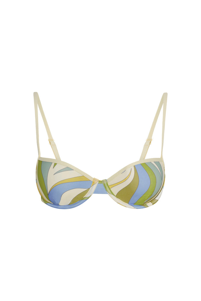Front view of Capri Top in Costa Rei Apple/Ivory showing underwire cups and adjustable ivory straps on white background
