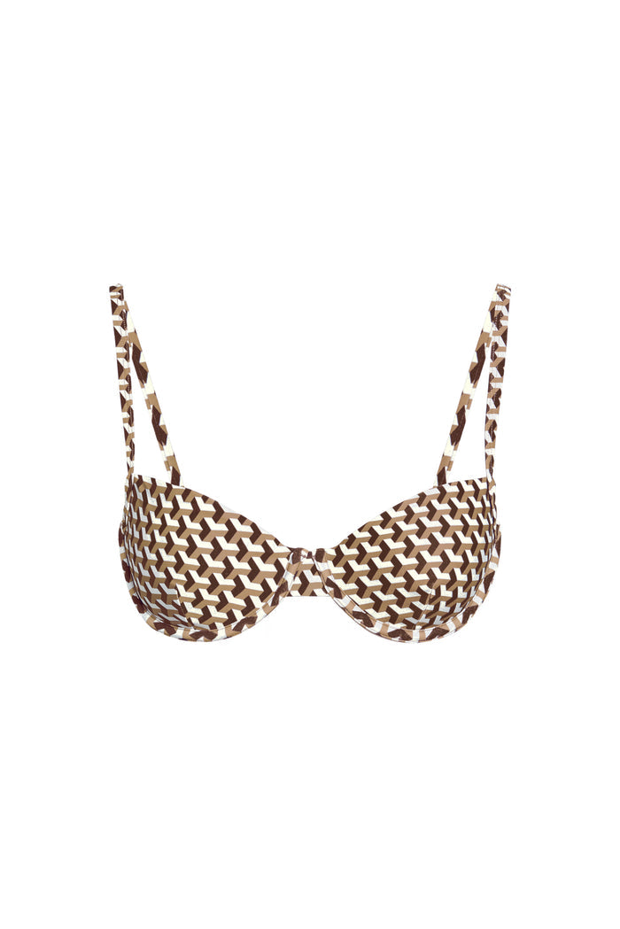 Front view of Capri Top in Husk Geo with underwire cups, thin adjustable straps and brown-and-cream geometric print