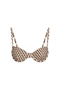 Front view of Capri Top in Husk Geo with underwire cups, thin adjustable straps and brown-and-cream geometric print