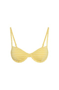 Front view of Capri Top in Meyer Stripe showcasing underwire cups, adjustable straps and back tie closure with gold hardware on white background