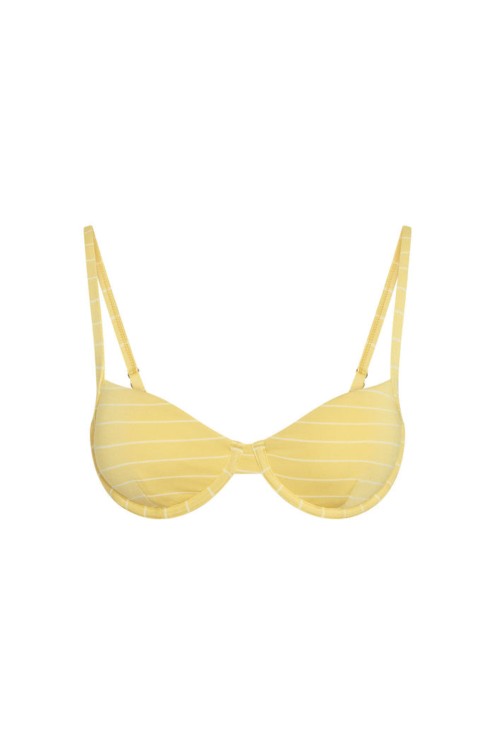 Front view of Capri Top in Meyer Stripe showcasing underwire cups, adjustable straps and back tie closure with gold hardware on white background