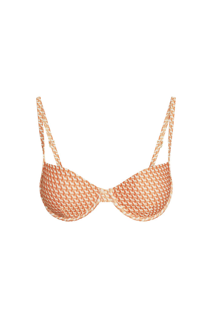 Front view of Capri Top - Micro Geo showcasing orange micro-geo print, underwire cups and adjustable thin straps on white background