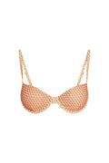 Front view of Capri Top - Micro Geo showcasing orange micro-geo print, underwire cups and adjustable thin straps on white background