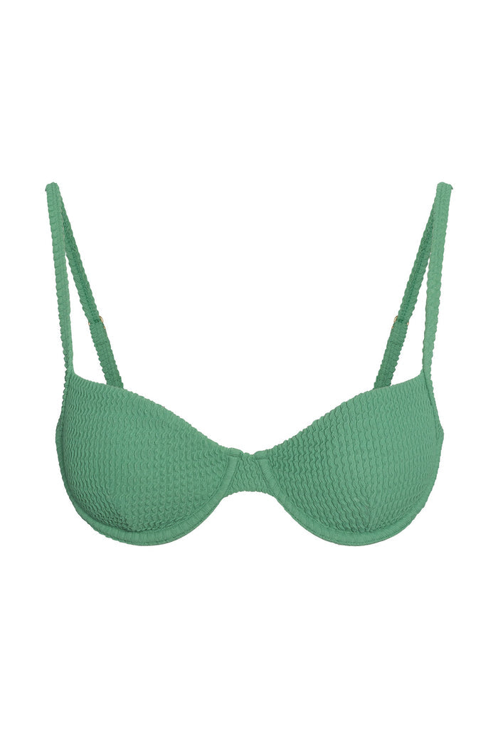 Front view of Capri Top in Pond Crinkle with underwire cups and adjustable straps on a white background