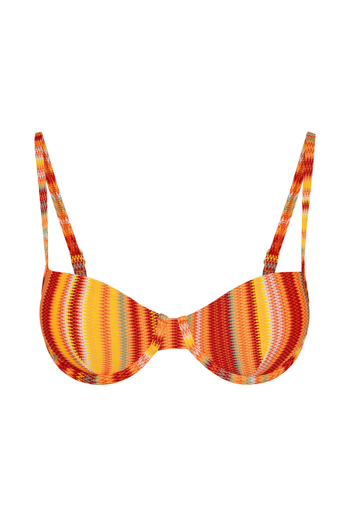 Front view of Capri Top in Sardinia Stripe showcasing underwire molded cups and adjustable straps on white background