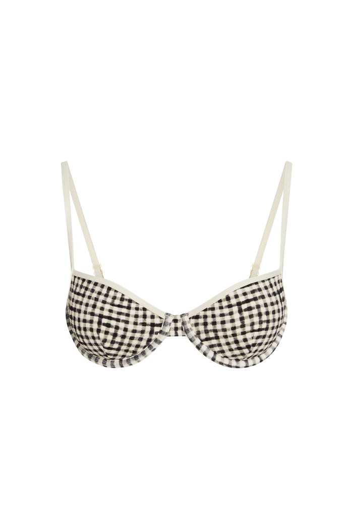 Front view of Capri Top Colorblock - Black Gingham showing underwire cups, thin adjustable straps and gingham colorblock detailing on a white background
