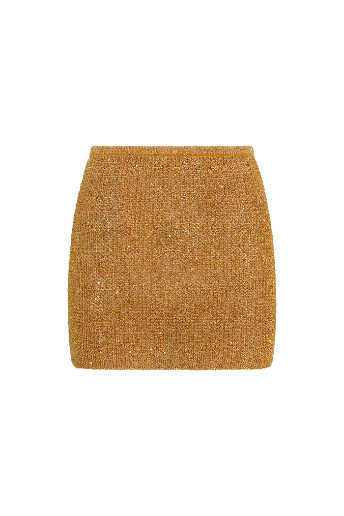 Front view of Cartagena micro skirt, antique gold sequin knit, fitted mini silhouette on white background