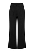Black high-waist wide-leg trousers with front pleats, belt loops and single button closure on a white studio background.