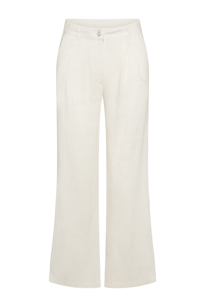 Front view of Casablanca Pant in ivory, wide-leg linen blend with front pleats, belt loops and single-button waist
